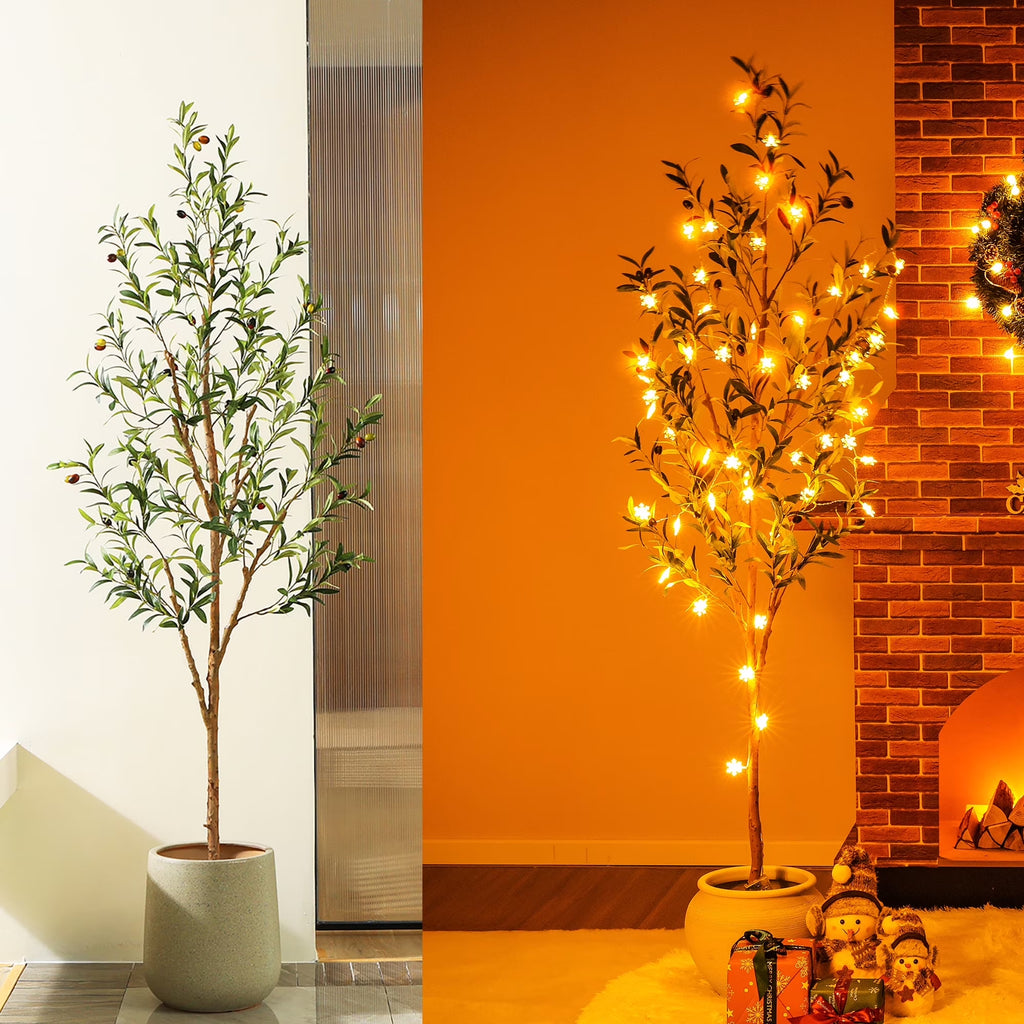 6Ft Artificial Olive Tree Indoor, Tall Faux Olive Tree, Artificial Plants with Natural Wood Trunk and Lifelike Fruits for Home Office Decor