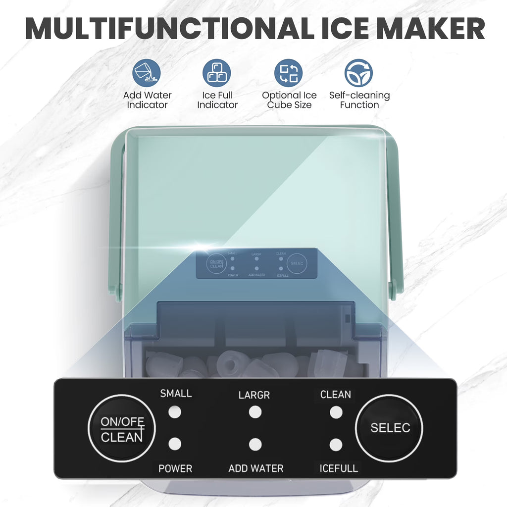 Portable Ice Maker Machine, 26.5 Lb/Day Ice, Two Ice Sizes, Self-Cleaning Function, Bullet Ice Maker with Ice Scoop & Basket, Green