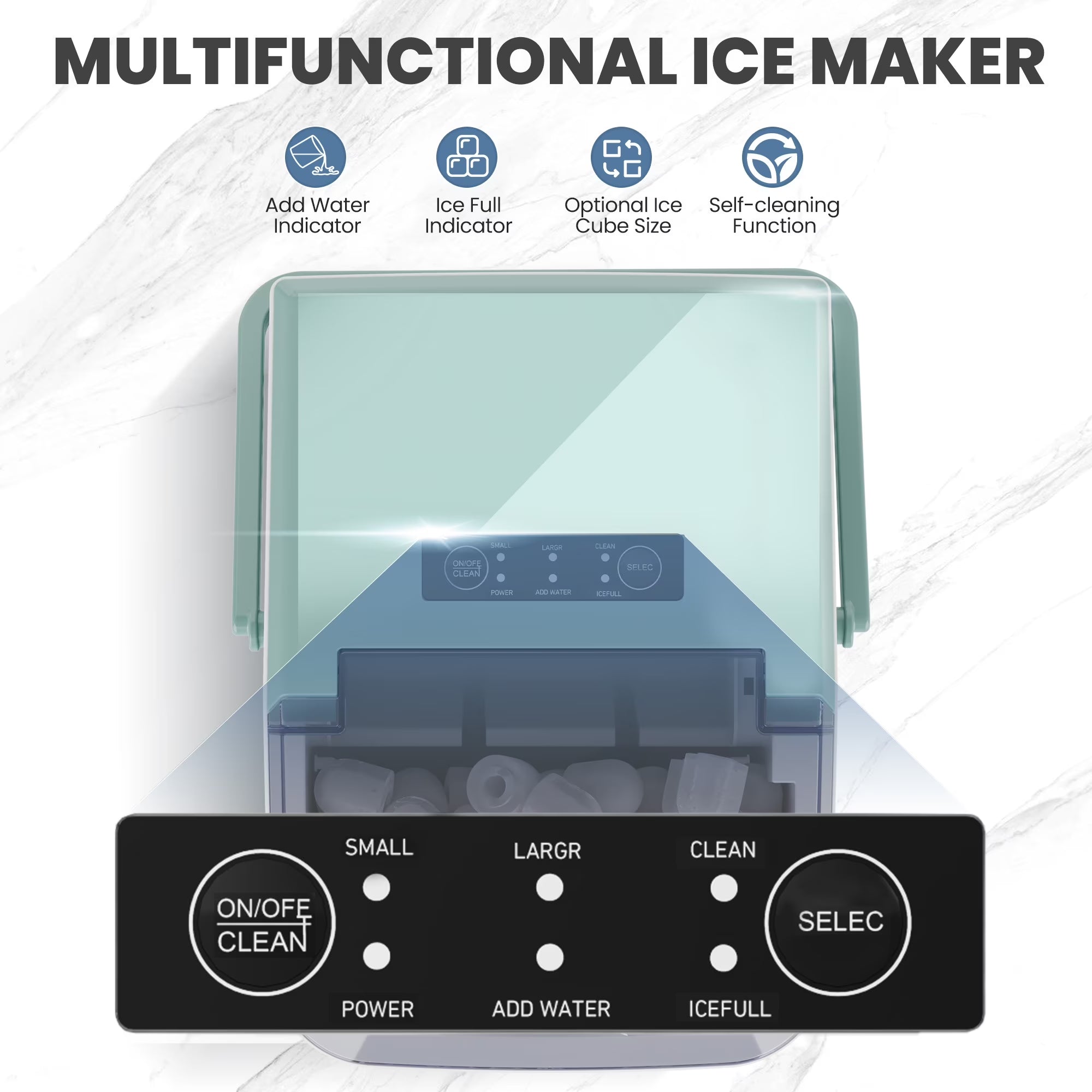 Portable Ice Maker Machine, 26.5 Lb/Day Ice, Two Ice Sizes, Self-Cleaning Function, Bullet Ice Maker with Ice Scoop & Basket, Green