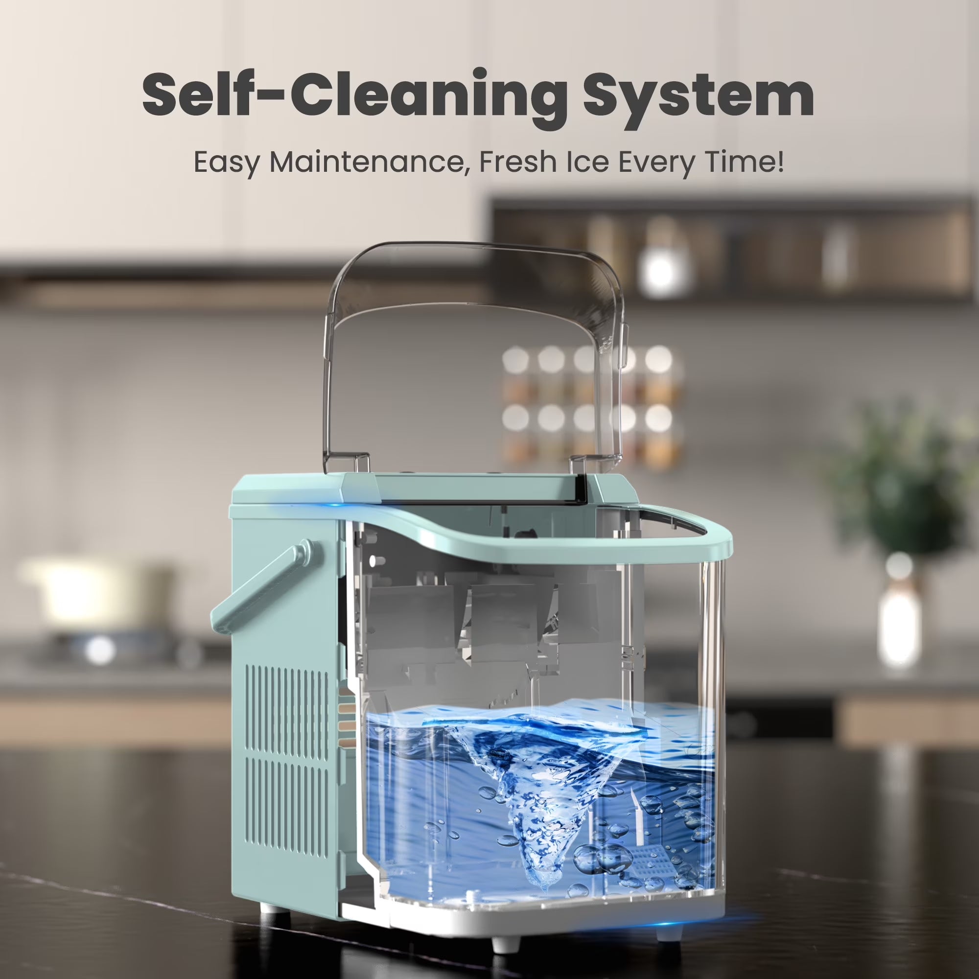 Portable Ice Maker Machine, 26.5 Lb/Day Ice, Two Ice Sizes, Self-Cleaning Function, Bullet Ice Maker with Ice Scoop & Basket, Green