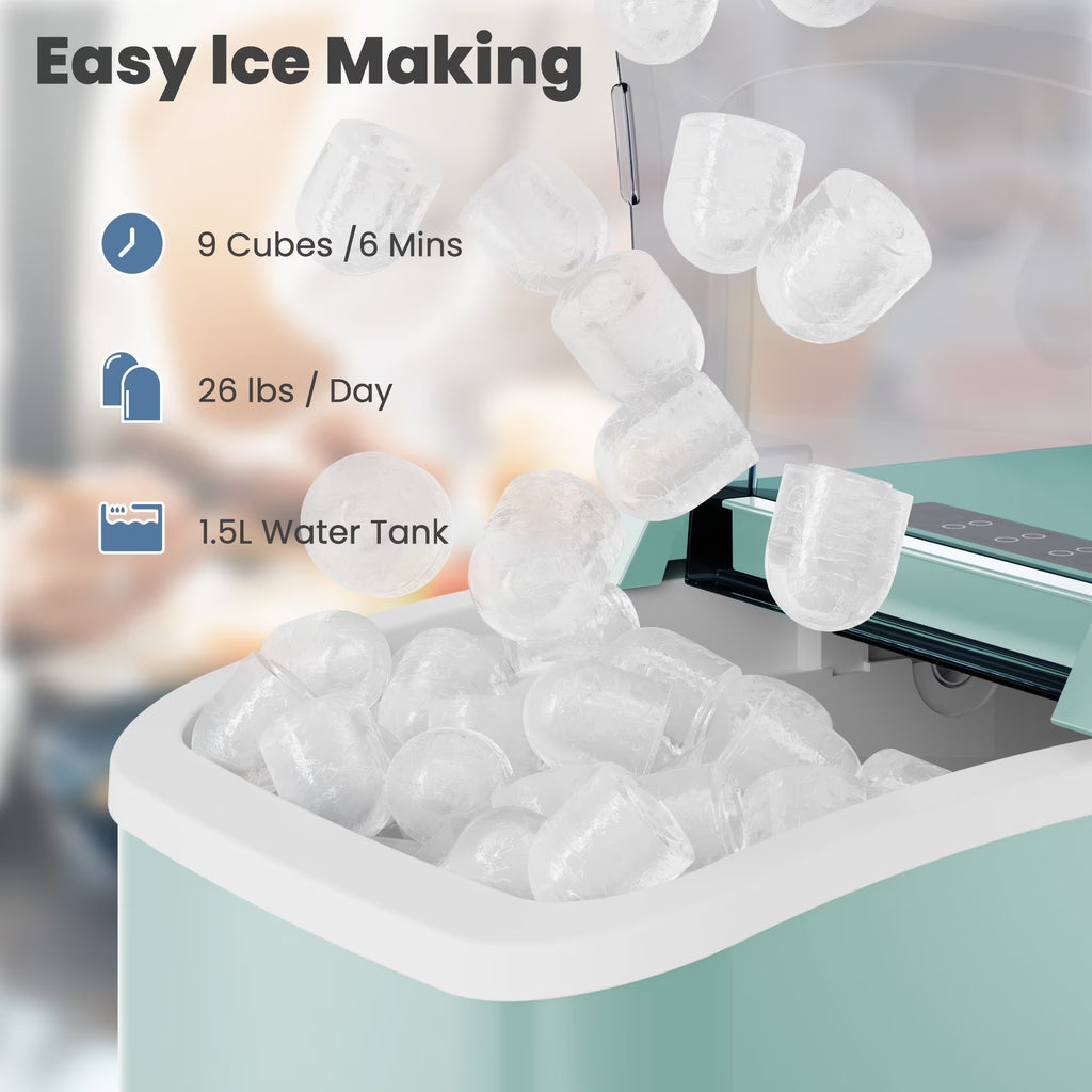 Portable Ice Maker Machine, 26.5 Lb/Day Ice, Two Ice Sizes, Self-Cleaning Function, Bullet Ice Maker with Ice Scoop & Basket, Green