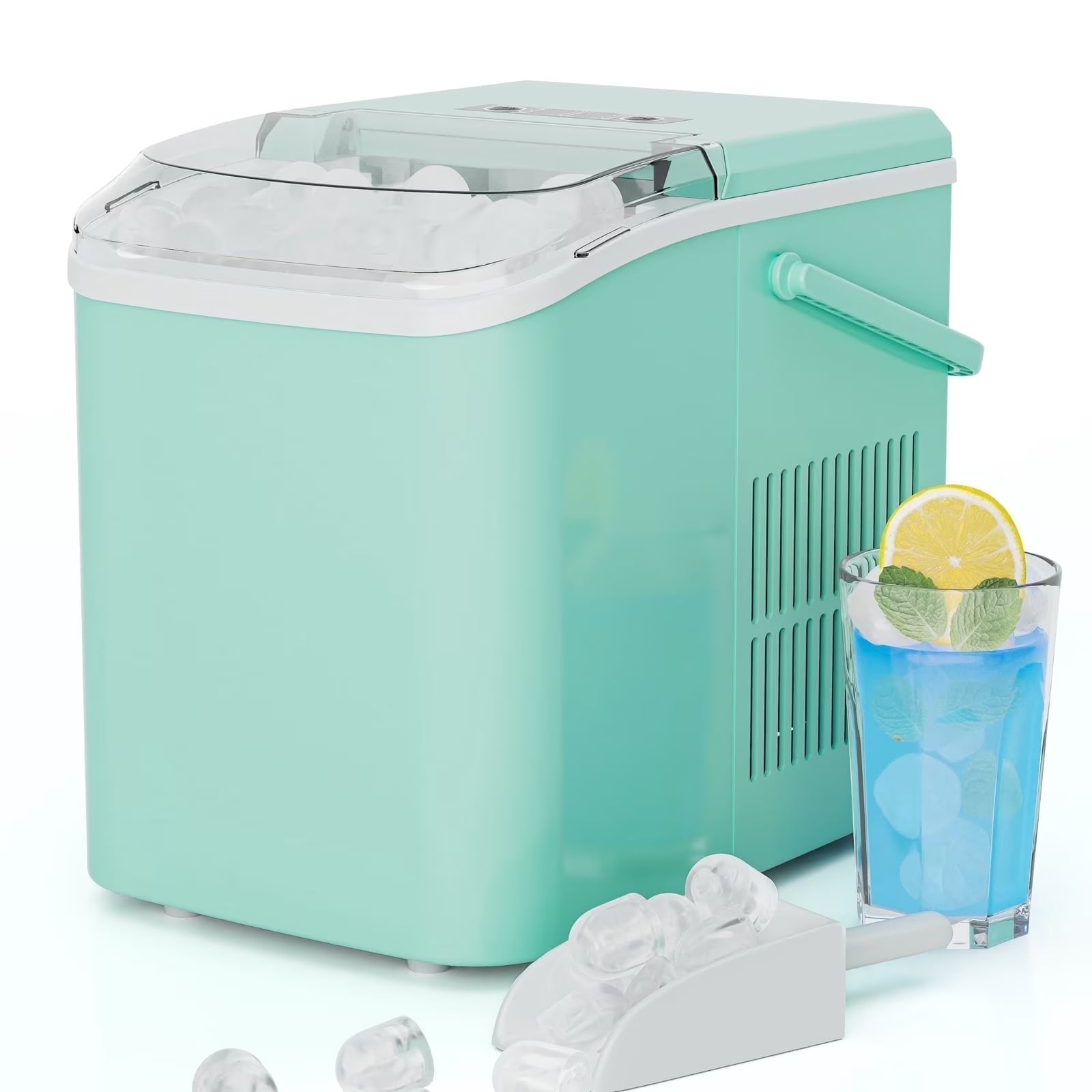 Portable Ice Maker Machine, 26.5 Lb/Day Ice, Two Ice Sizes, Self-Cleaning Function, Bullet Ice Maker with Ice Scoop & Basket, Green