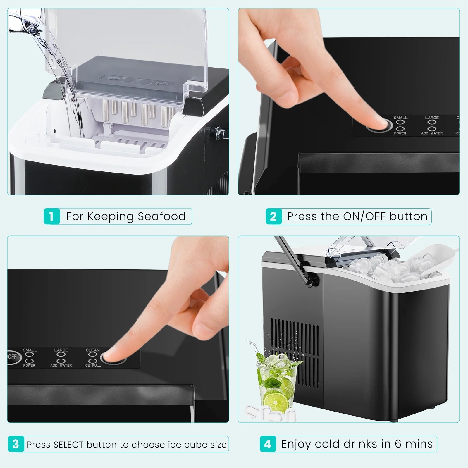Portable Ice Maker Machine, 26.5 Lb/Day Ice, Two Ice Sizes, Self-Cleaning Function, Bullet Ice Maker with Ice Scoop & Basket, Black