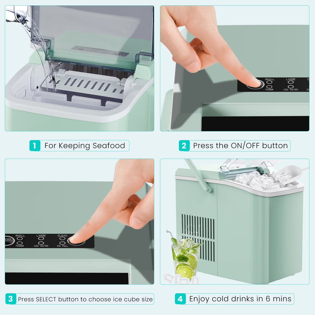 Portable Ice Maker Machine, 26.5 Lb/Day Ice, Two Ice Sizes, Self-Cleaning Function, Bullet Ice Maker with Ice Scoop & Basket, Green