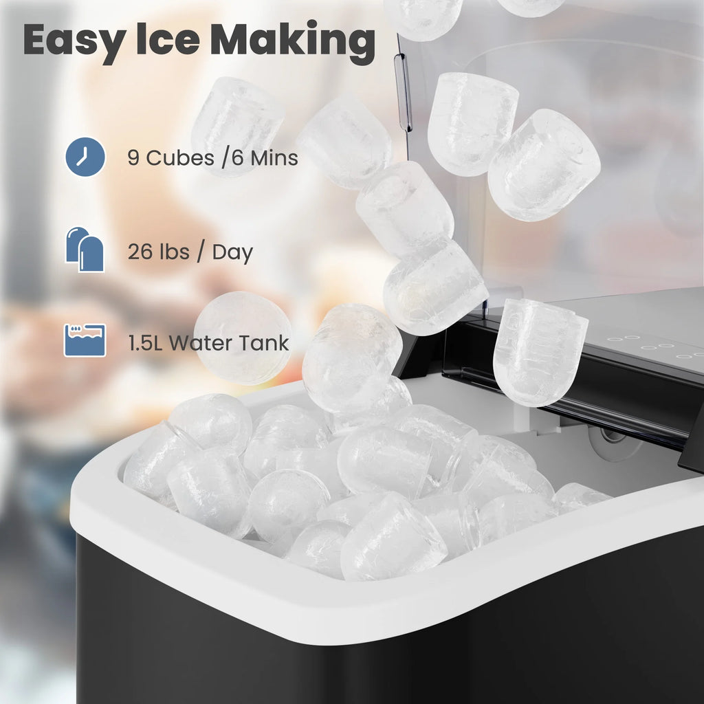 Portable Ice Maker Machine, 26.5 Lb/Day Ice, Two Ice Sizes, Self-Cleaning Function, Bullet Ice Maker with Ice Scoop & Basket, Black