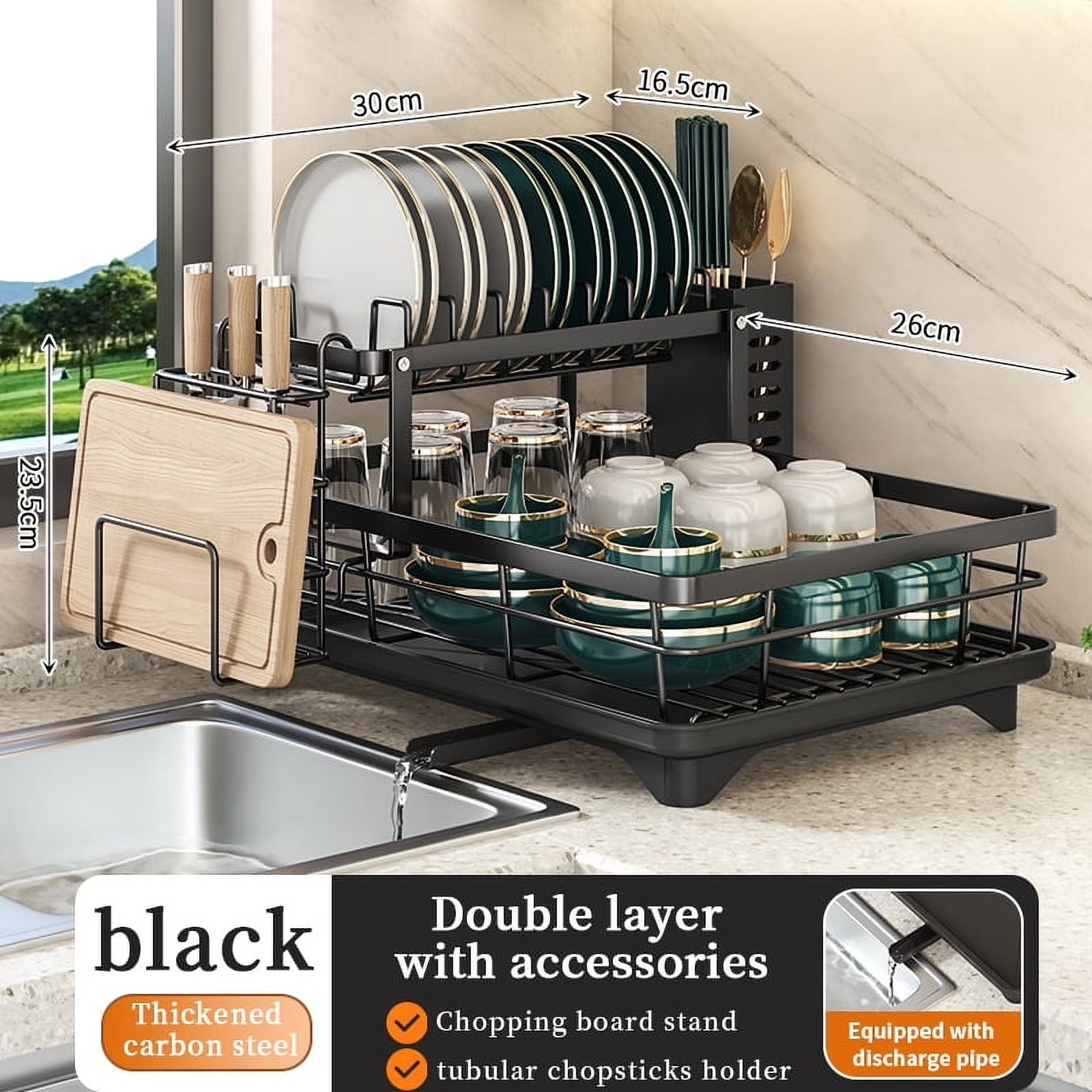 Dish Drying Rack- Space-Saving Dish Rack, Dish Racks for Kitchen Counter, Stainless Steel Kitchen Drying Rack with a Cutlery Holder,12''W X 17''L, Black