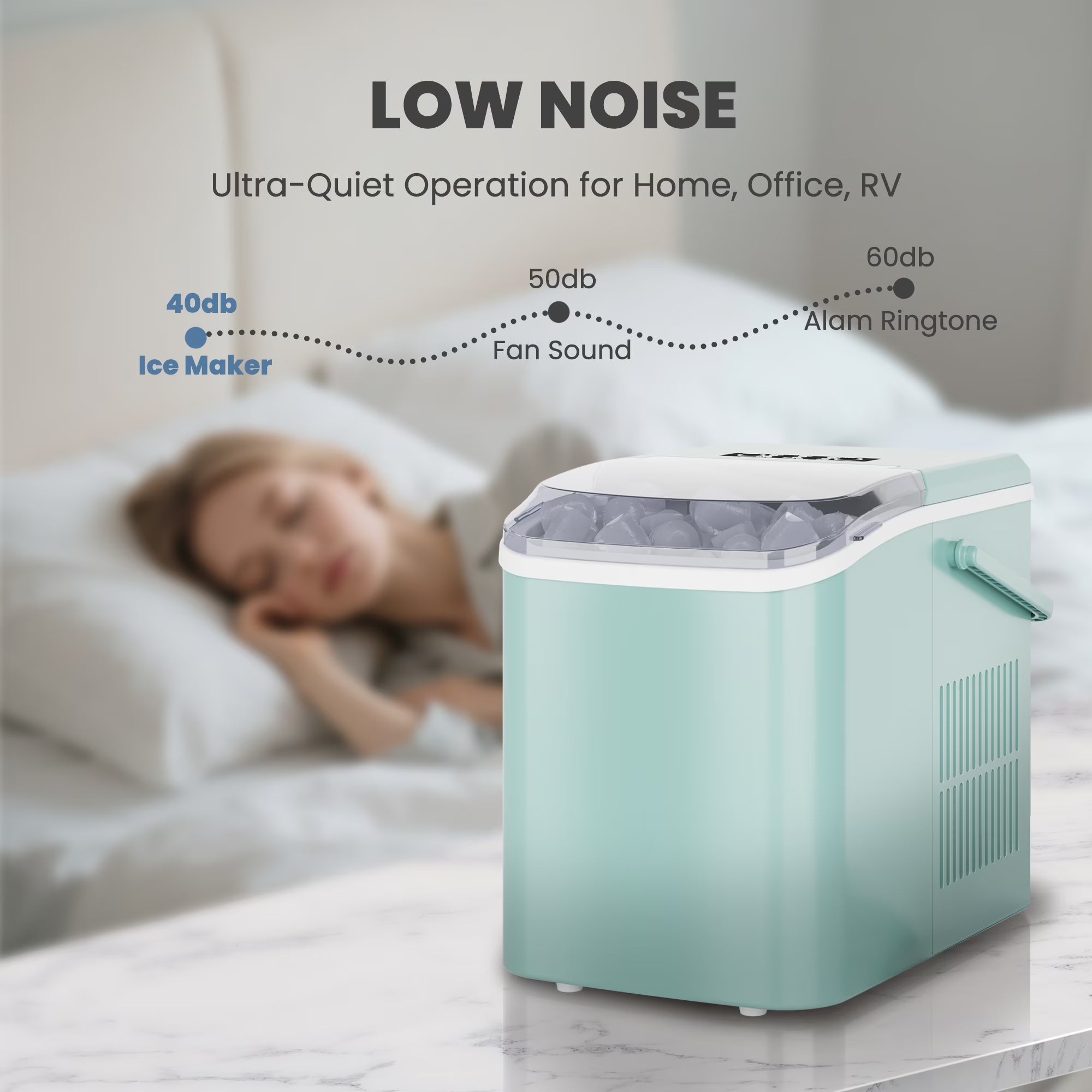 Portable Ice Maker Machine, 26.5 Lb/Day Ice, Two Ice Sizes, Self-Cleaning Function, Bullet Ice Maker with Ice Scoop & Basket, Green