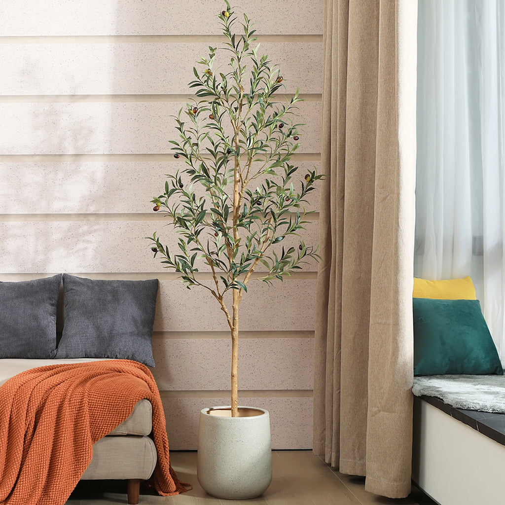 6Ft Artificial Olive Tree Indoor, Tall Faux Olive Tree, Artificial Plants with Natural Wood Trunk and Lifelike Fruits for Home Office Decor