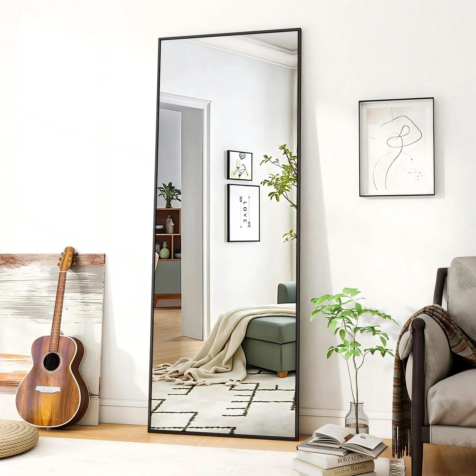 64"X21" Full Length Mirror Rectangle Body Dressing Floor Standing Mirrors, Black
