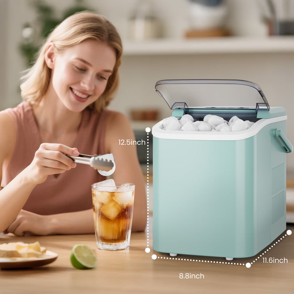 Portable Ice Maker Machine, 26.5 Lb/Day Ice, Two Ice Sizes, Self-Cleaning Function, Bullet Ice Maker with Ice Scoop & Basket, Green