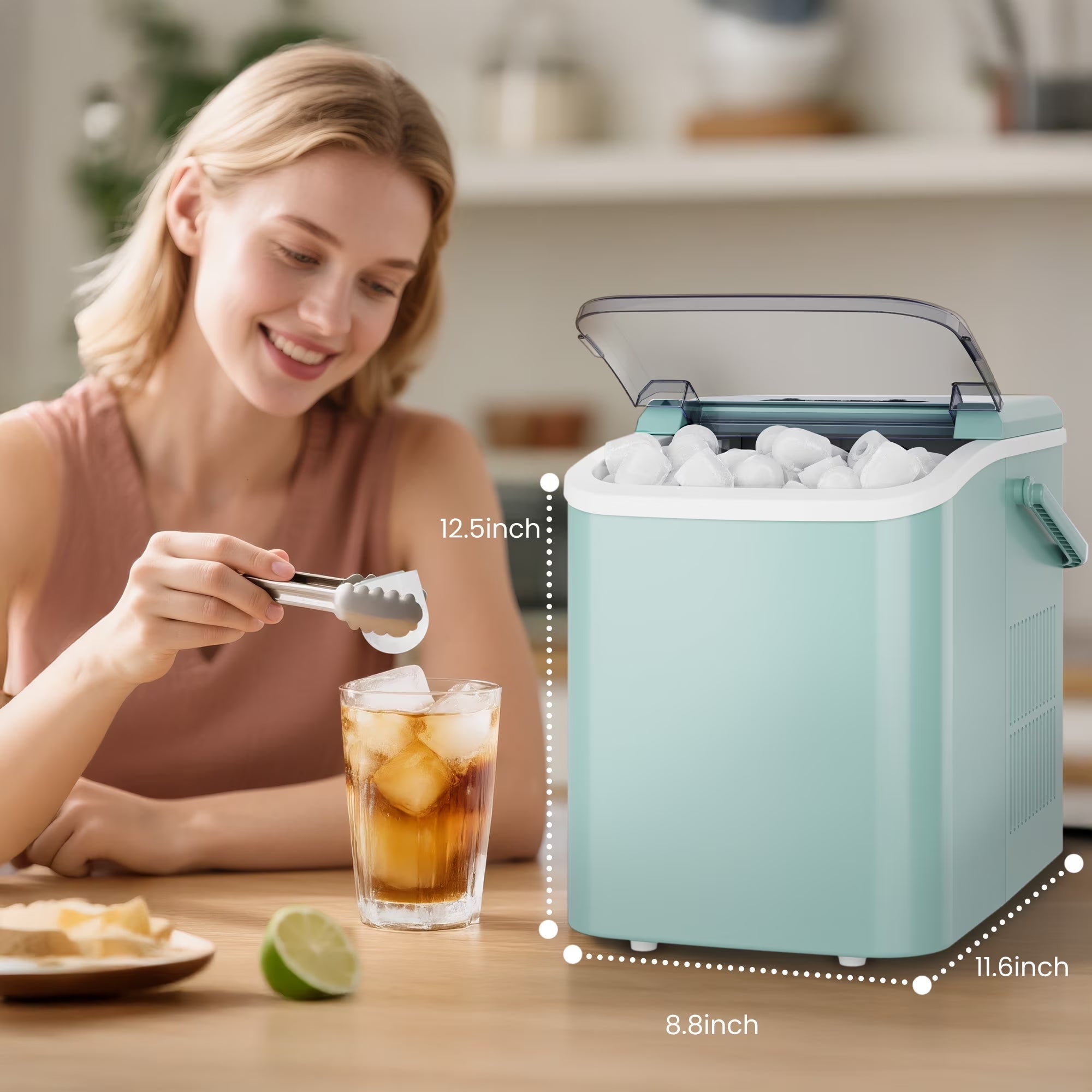 Portable Ice Maker Machine, 26.5 Lb/Day Ice, Two Ice Sizes, Self-Cleaning Function, Bullet Ice Maker with Ice Scoop & Basket, Green