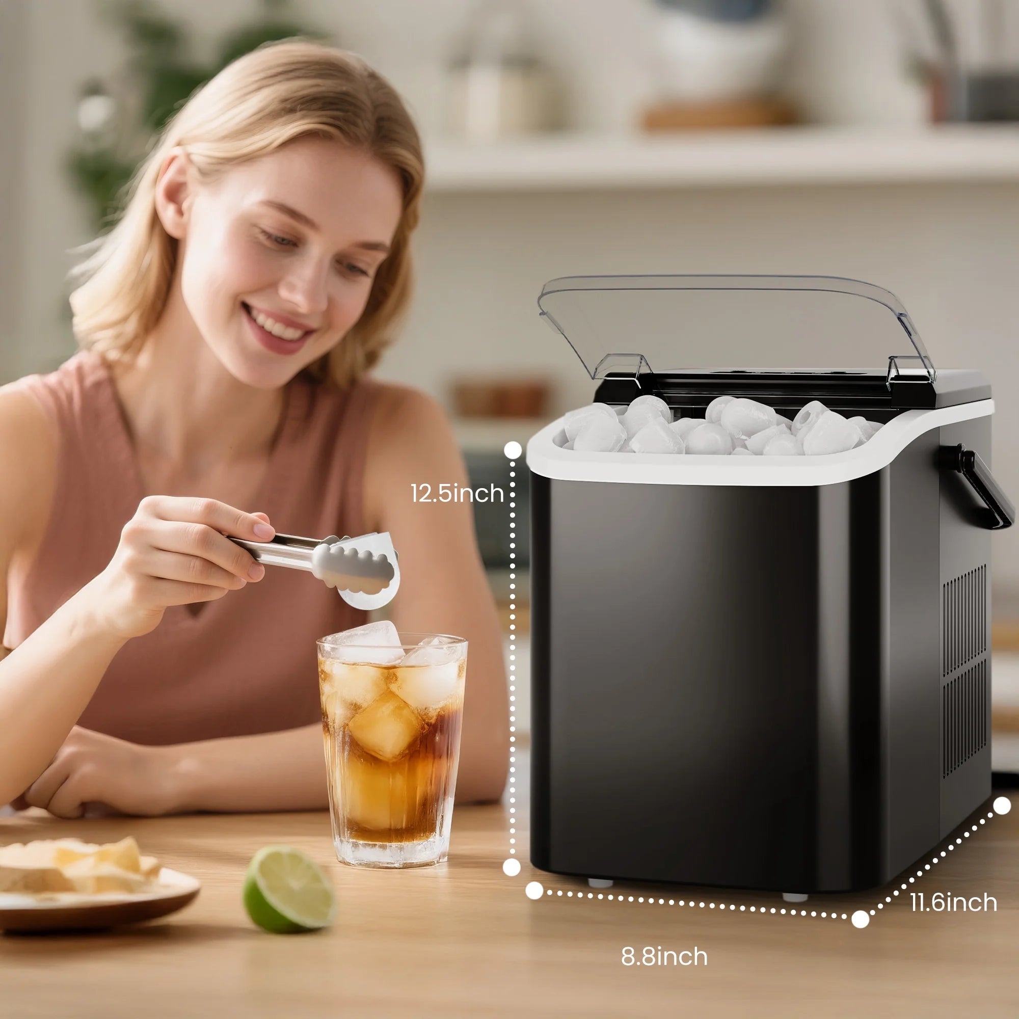 Portable Ice Maker Machine, 26.5 Lb/Day Ice, Two Ice Sizes, Self-Cleaning Function, Bullet Ice Maker with Ice Scoop & Basket, Black