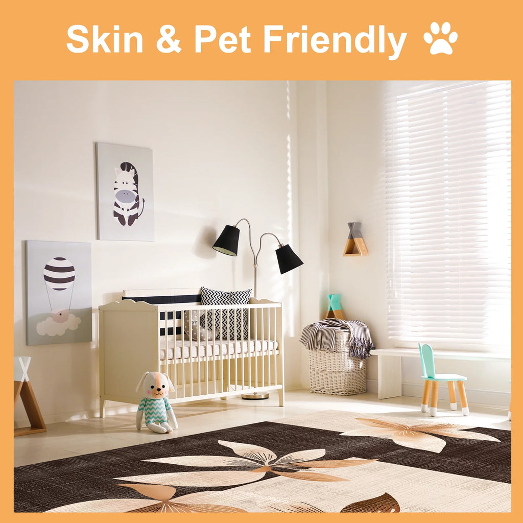 9'X12' Floral Area Rugs, Machine Washable Rug for Living Room- Soft Indoor Carpet, Low Pile for Bedroom, Dining Room, Playroom, Office, Brown