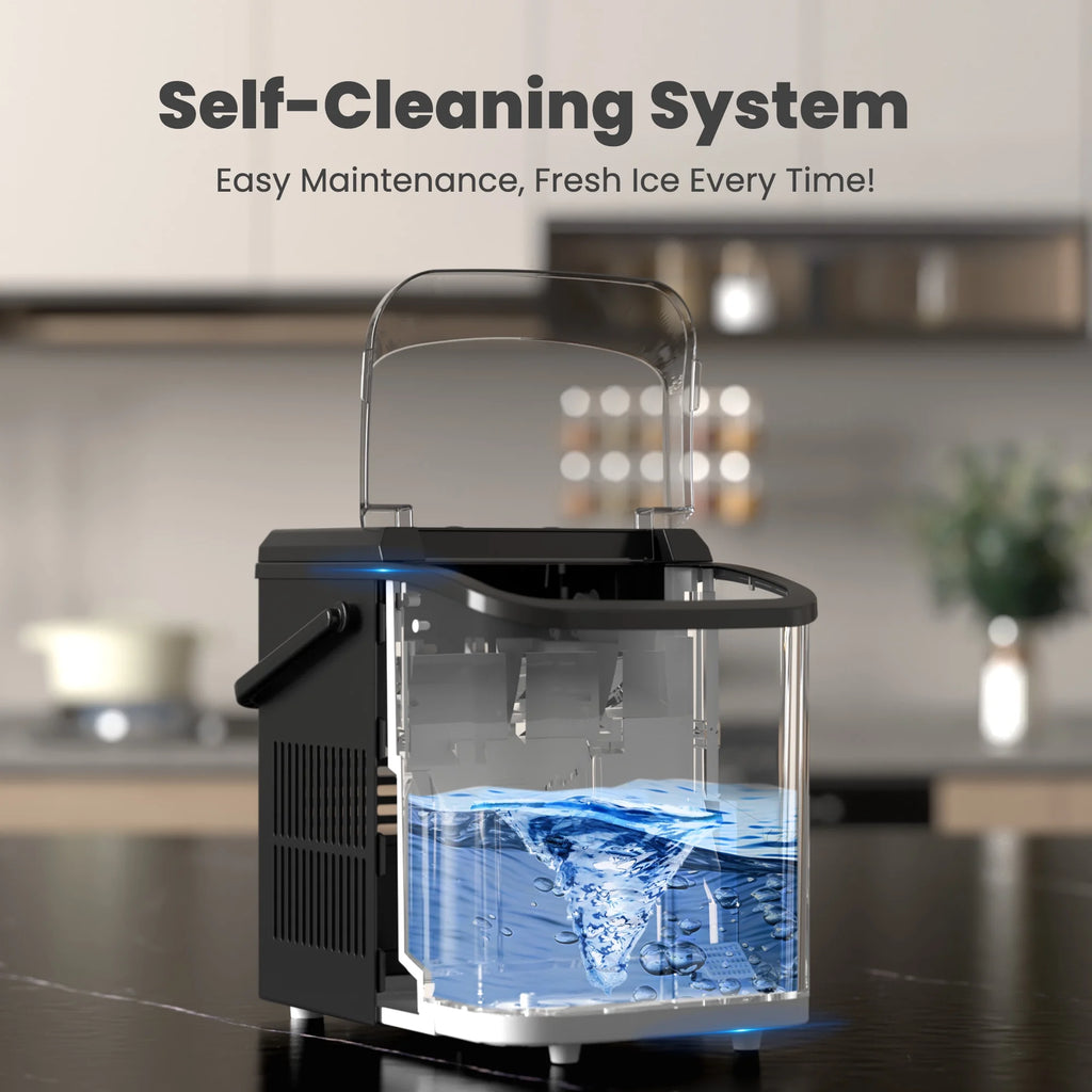 Portable Ice Maker Machine, 26.5 Lb/Day Ice, Two Ice Sizes, Self-Cleaning Function, Bullet Ice Maker with Ice Scoop & Basket, Black