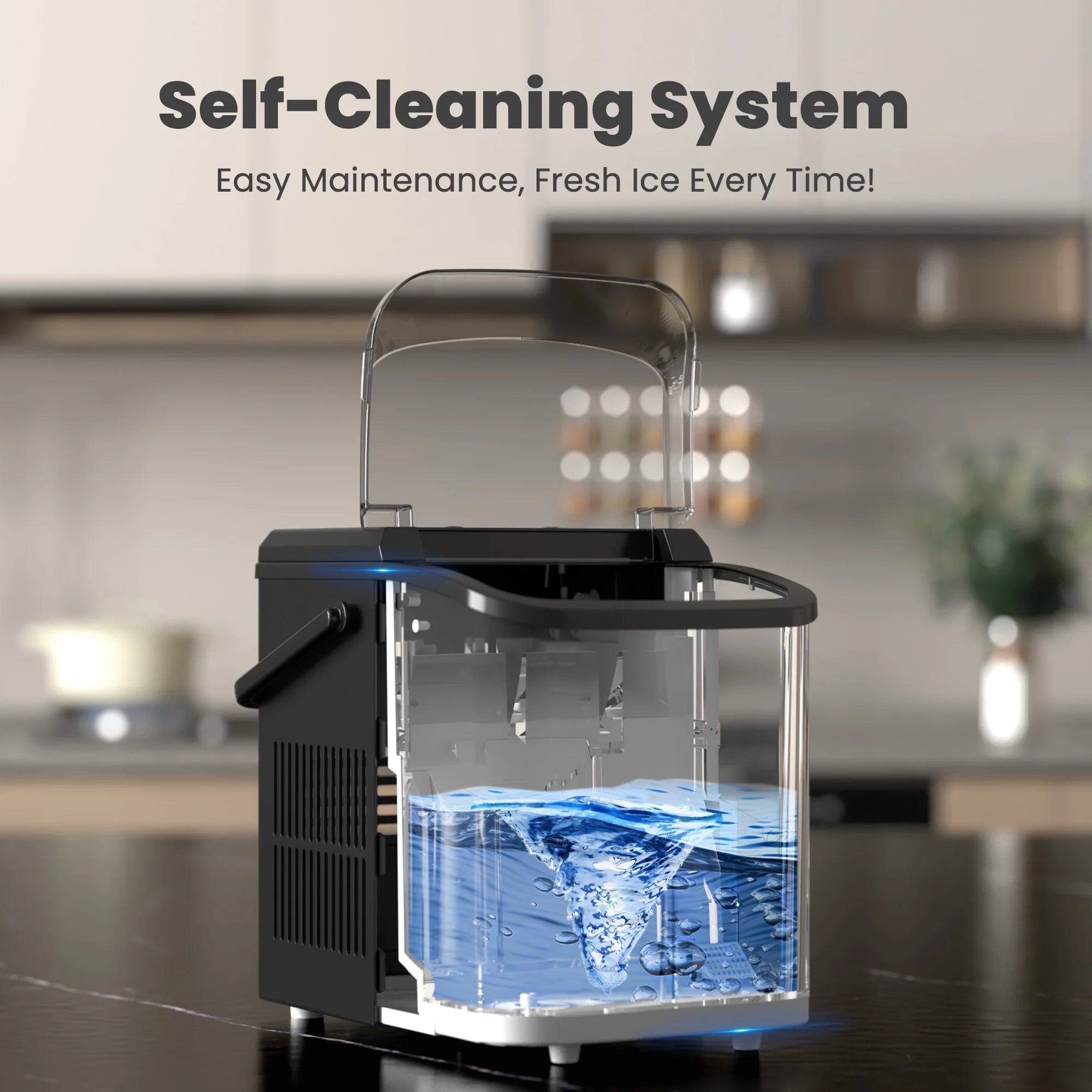 Portable Ice Maker Machine, 26.5 Lb/Day Ice, Two Ice Sizes, Self-Cleaning Function, Bullet Ice Maker with Ice Scoop & Basket, Black