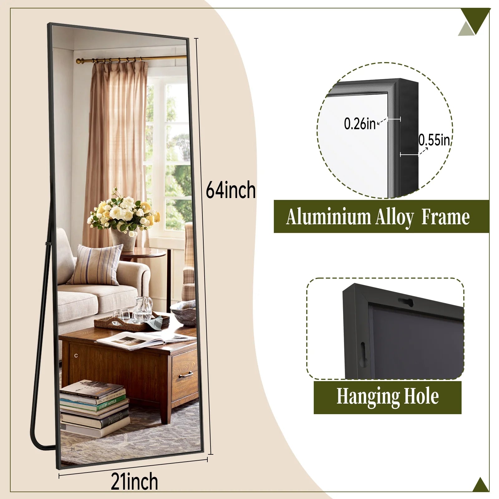 64"X21" Full Length Mirror Rectangle Body Dressing Floor Standing Mirrors, Black